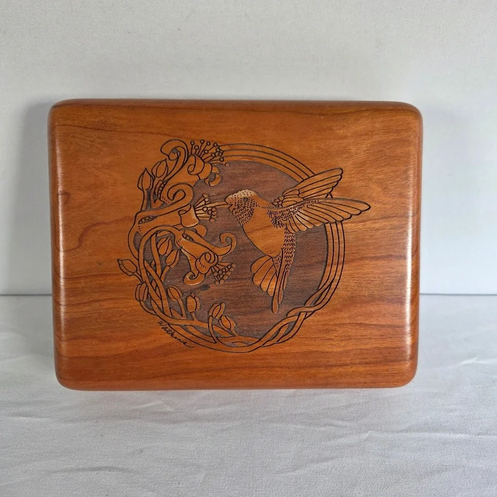 Corporate Custom Products Wooden Hummingbird Jewelry Valet Box Burgundy Velvet